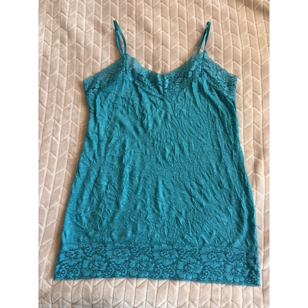 Teal Crinkle Lace Trim Cami XL Indie Sleaze Y2K Boho Longline Layering Tank